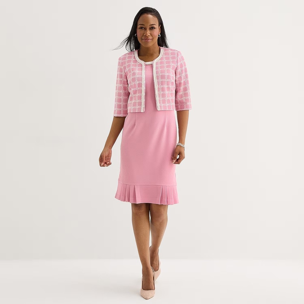 MSRP $94 Maya Brooke Womens 14 Blush White Grid Crepe Jacket Dress Pearl Trim